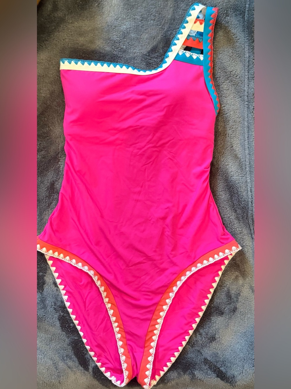 Lucky Brand Hot Pink One-Shoulder Swimsuit with Colorful Trim